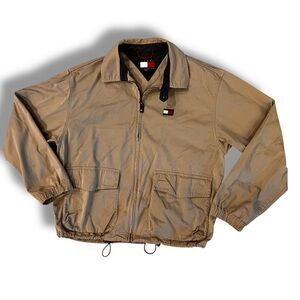 Rare Vintage TOMMY HILFIGER Flag Full Zip Bomber Jacket Med 90s 2000s Tan Y2K